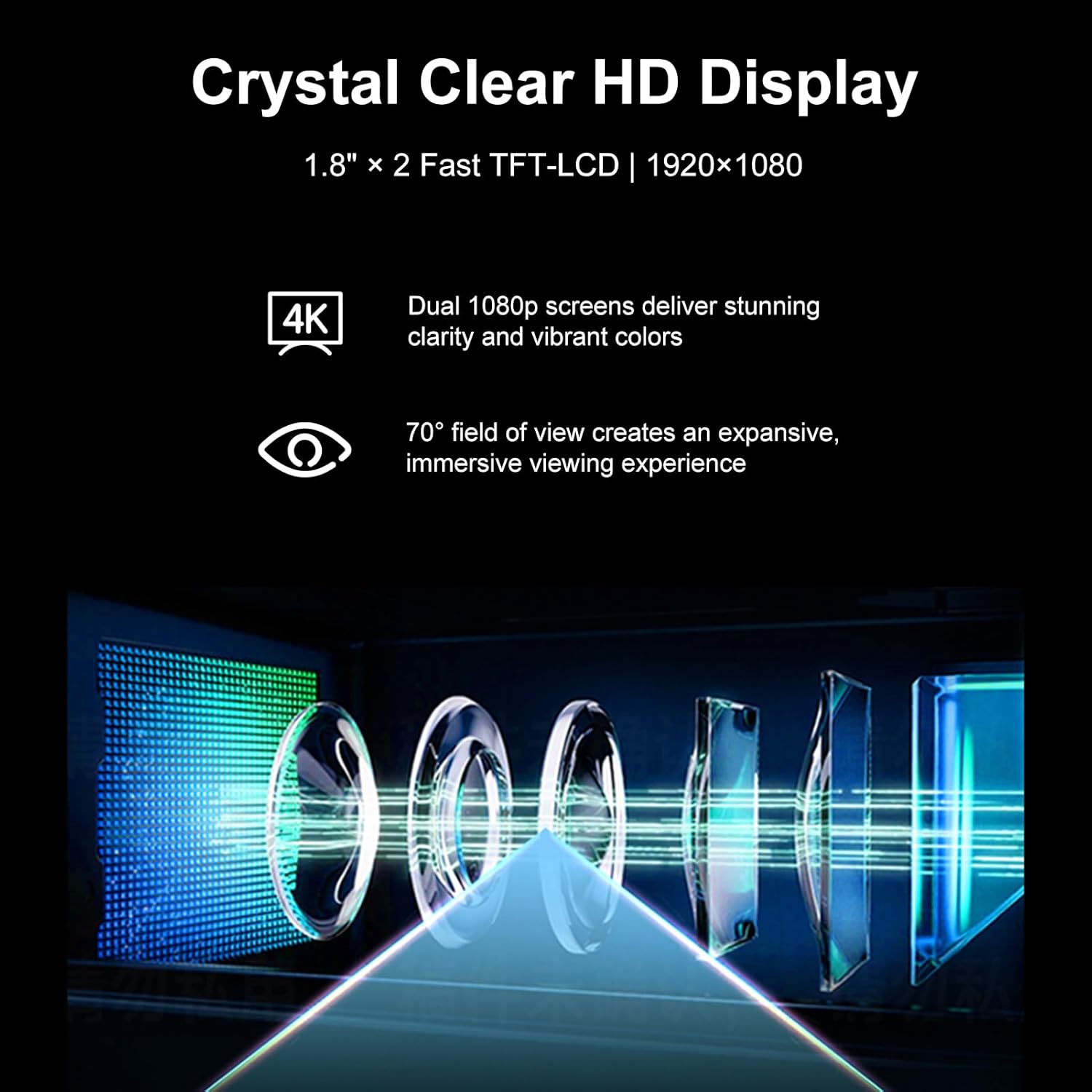 Smart Video Glasses, 1.8 Inch 1920x1080 HD Screen with Adjustable Diopter +2D to 6D, 70 FOV, Type C DP USB for Multimedia Entertainment