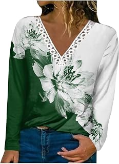 KEXIMIXUE Women's T-Shirts Plus Size School Blouses Ladys Cool Vintage Long Sleeve FAL Blouse Lace Fit V Neck Ruched Print T Shirt Ladys