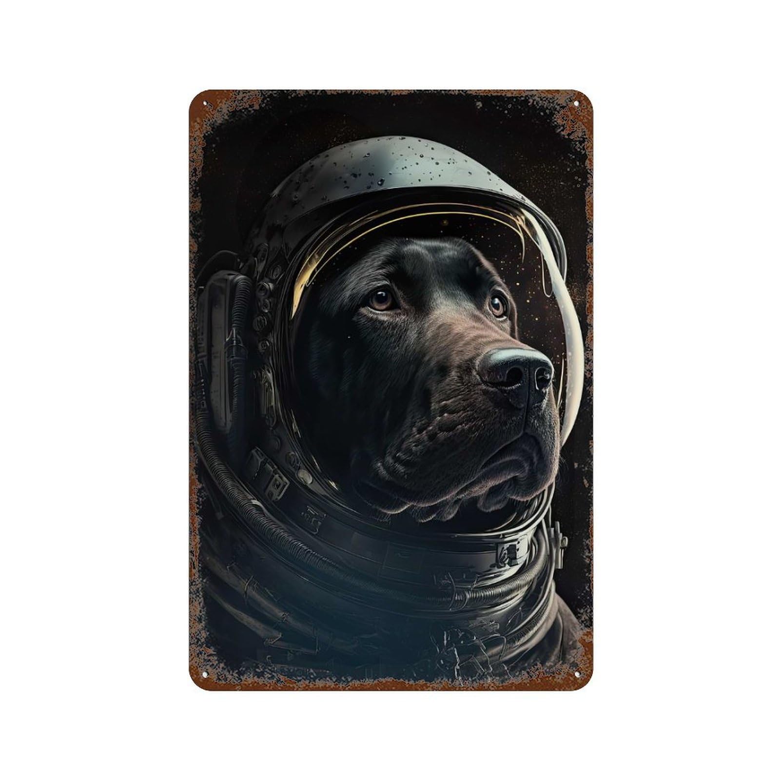 Black Labrador Astronaut Weathered Tin Sign 11.8"x7.9", Vintage Wall Decor for Garage, Pub Or Kitchen
