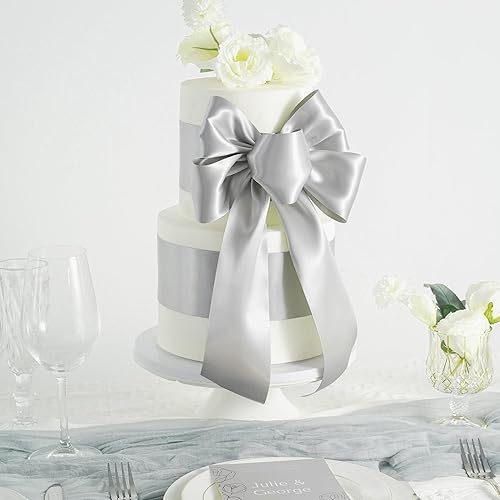 Miniatura 5 de MEEDEE Cinta de satén plateada Lux de doble cara de 3 pulgadas, cinta plateada para árbol de 10 yardas, cinta plateada de seda plateada para