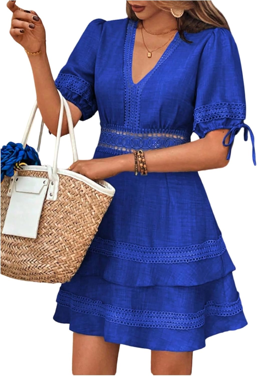 SOLY HUX Women's Summer Dress Hollow Out Lace V Neck Puff Short Sleeve A Line Layered Short Dresses