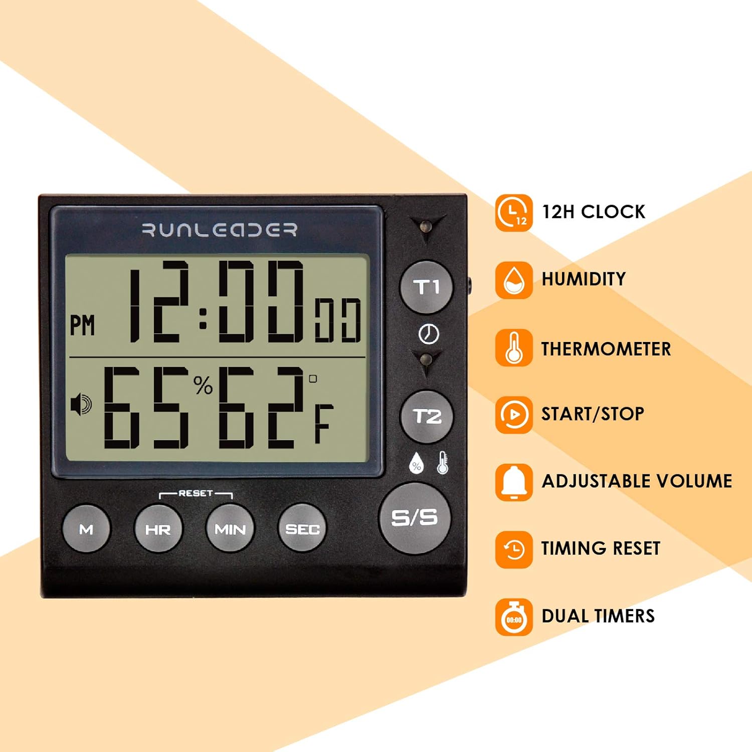 Runleader Digital Kitchen Timer with feature icons: 12H Clock, Humidity, Thermometer, Start/Stop, Adjustable Volume, Timing Reset, Dual Timers