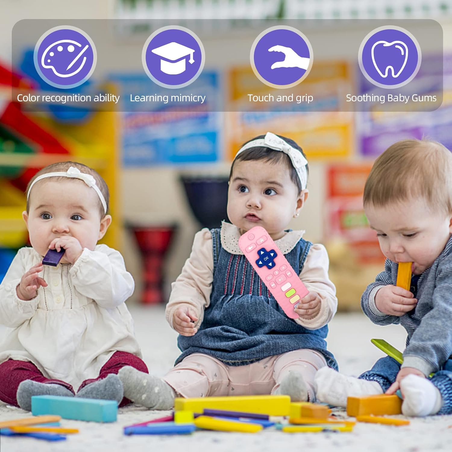 Chuya Baby Teether TV Remote Control Shape Teething Toys for Babies 3 6 9 12 18 24 Months for Infants Teething Relief Black+Pink