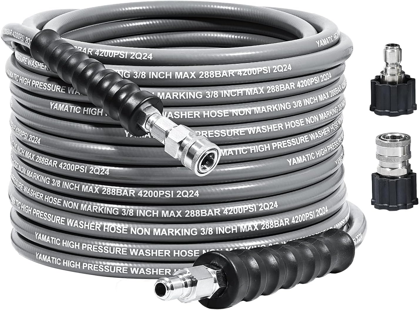YAMATIC3/8" Pressure Washer Hose 50 FT with Stainless Steel Swivel 3/8"&M22 Quick Connection, Non Marking Rubber 4200PSI Steel Wire Braided Power Replacement Hose for Hot/Cold Water, Wear Resistant