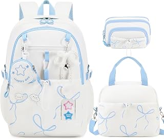 DIGOBAY Backpack for Girls, 5PCS School Bookbag with Lunch Box Pencil Case | Cute Kawaii Girls Backpack with Coin Purse Bow Pendant Kids School Bag for Elementary Middle School Students ages 6-12 Beige