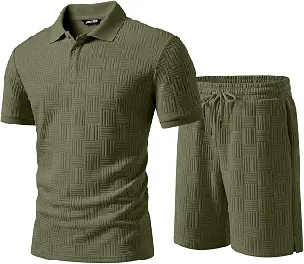 Men's Summer Sweatsuits Sets - 2 Piece Outfits with Textured Short Sleeve Golf Polo and Drawstring Shorts