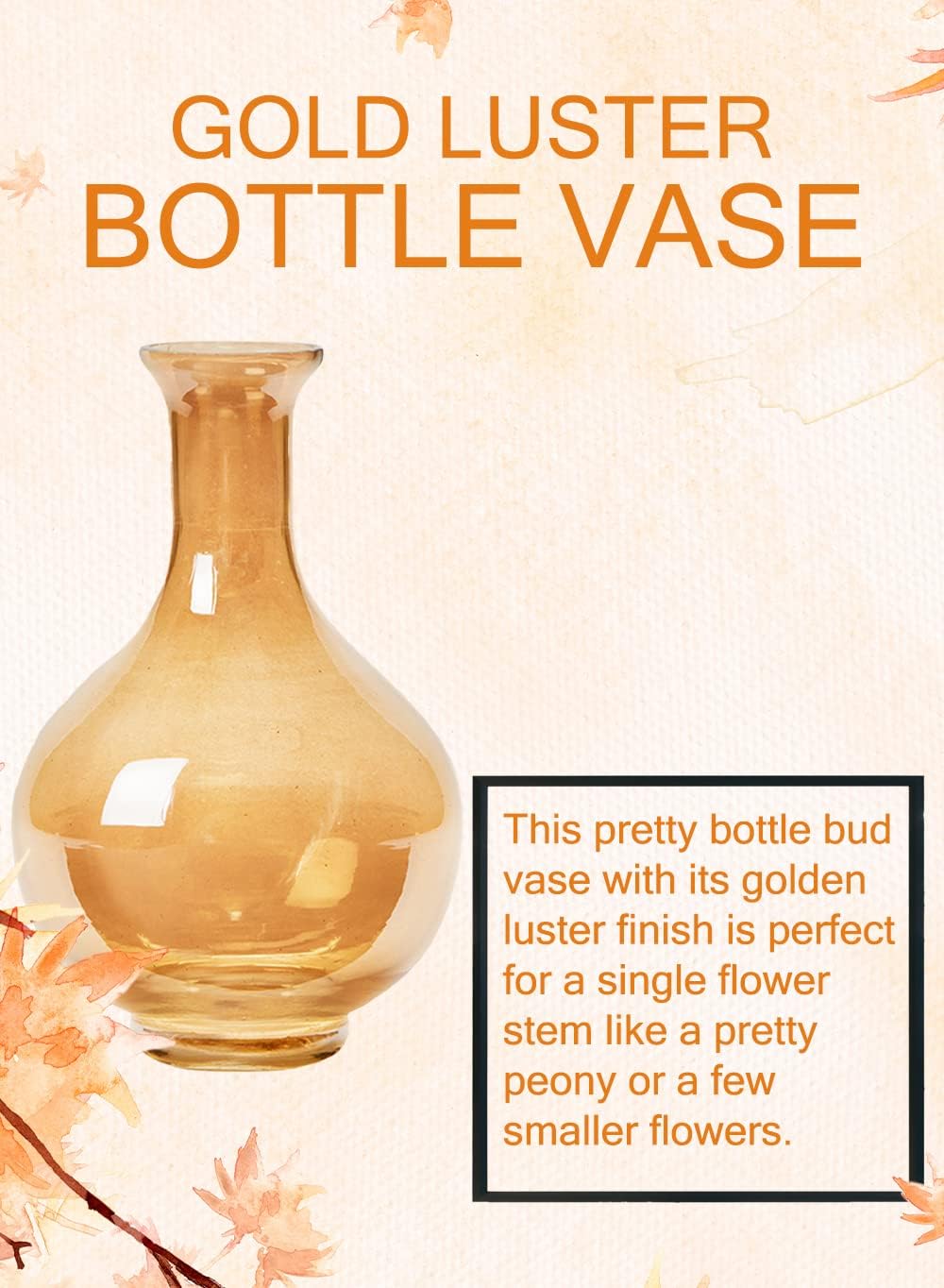 Serene Spaces Living Luster Gold Bottle Glass Vase, Vintage Style Curvy Vase, Long-Stemmed Flower Vase for Living Room, Office, Table Centerpiece, Wedding, Events, Measures 5" Diameter & 7.5" Tall