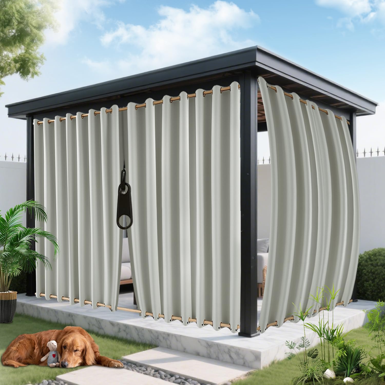 ROFASVCO Outdoor Curtains for Patio Waterproof, Zipper Design 2 Panels Privacy Weatherproof Blackout Curtain Top & Bottom Grommet Outside Drapes for