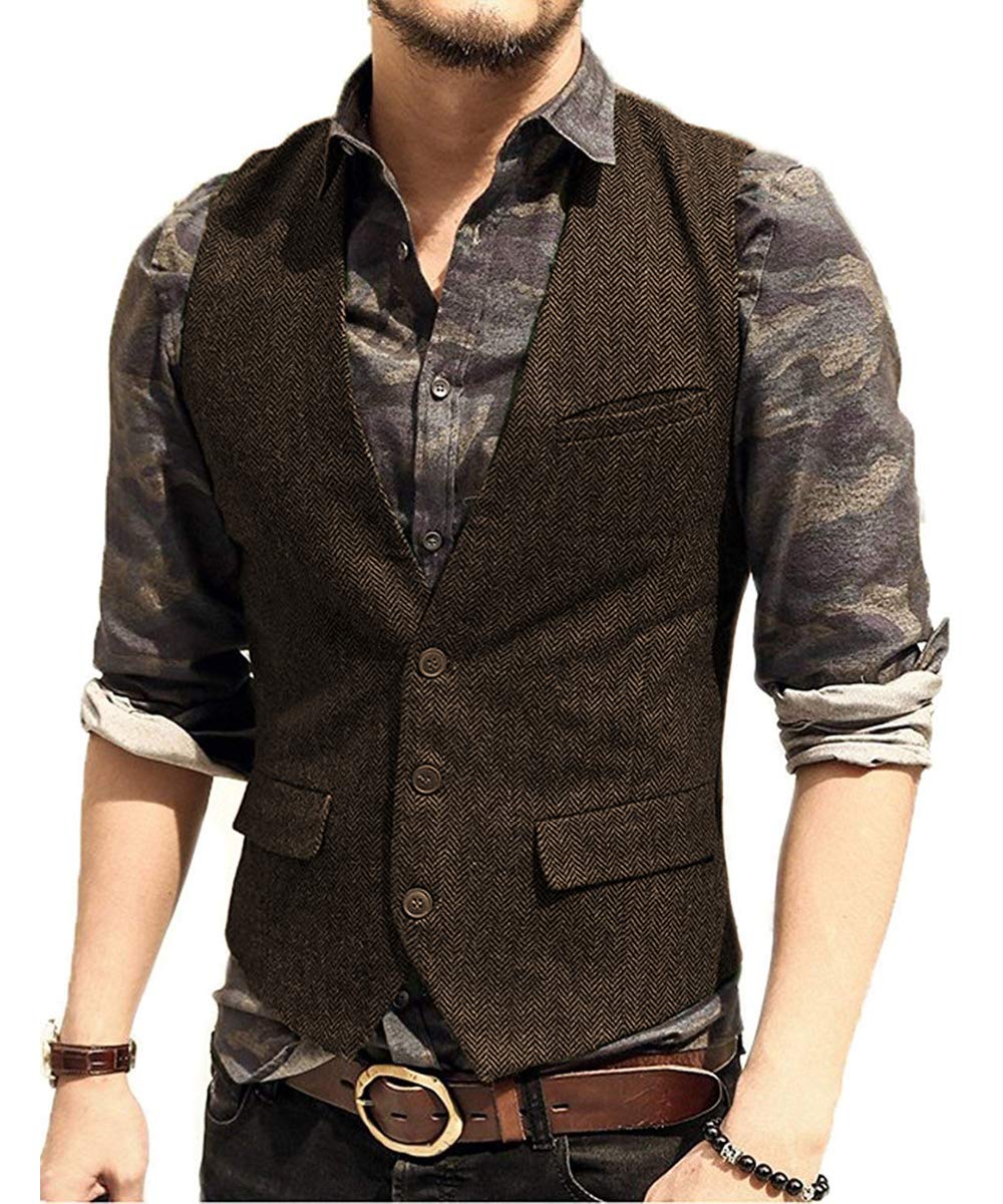 Pretygril Men's Casual Suit Vest Slim Fit Wool Tweed Solid Waistcoat Groomman(Brown, XL)