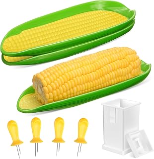 2 Pcs Melamine Corn Dishes with 4 Pcs Holders and 1 Butter Spreaders, Corn on the Cob Skewers Service Tray for BBQ Tools Cob Dinnerware Set