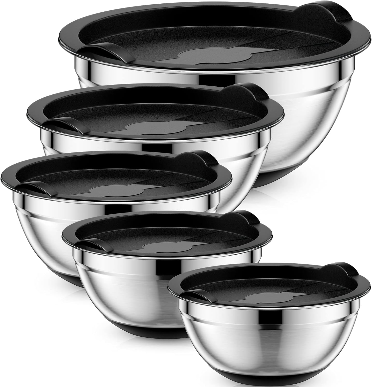 BOMEVP Mixing Bowls with Airtight Lids, 5pcs Stainless Steel Metal Nesting Bowls for Kitchen, Non-Slip Silicone Bottom Size, 5, 3.5, 2, 1.5, 1QT, Measuring Marks, Fit for Mixing & Serving, Black