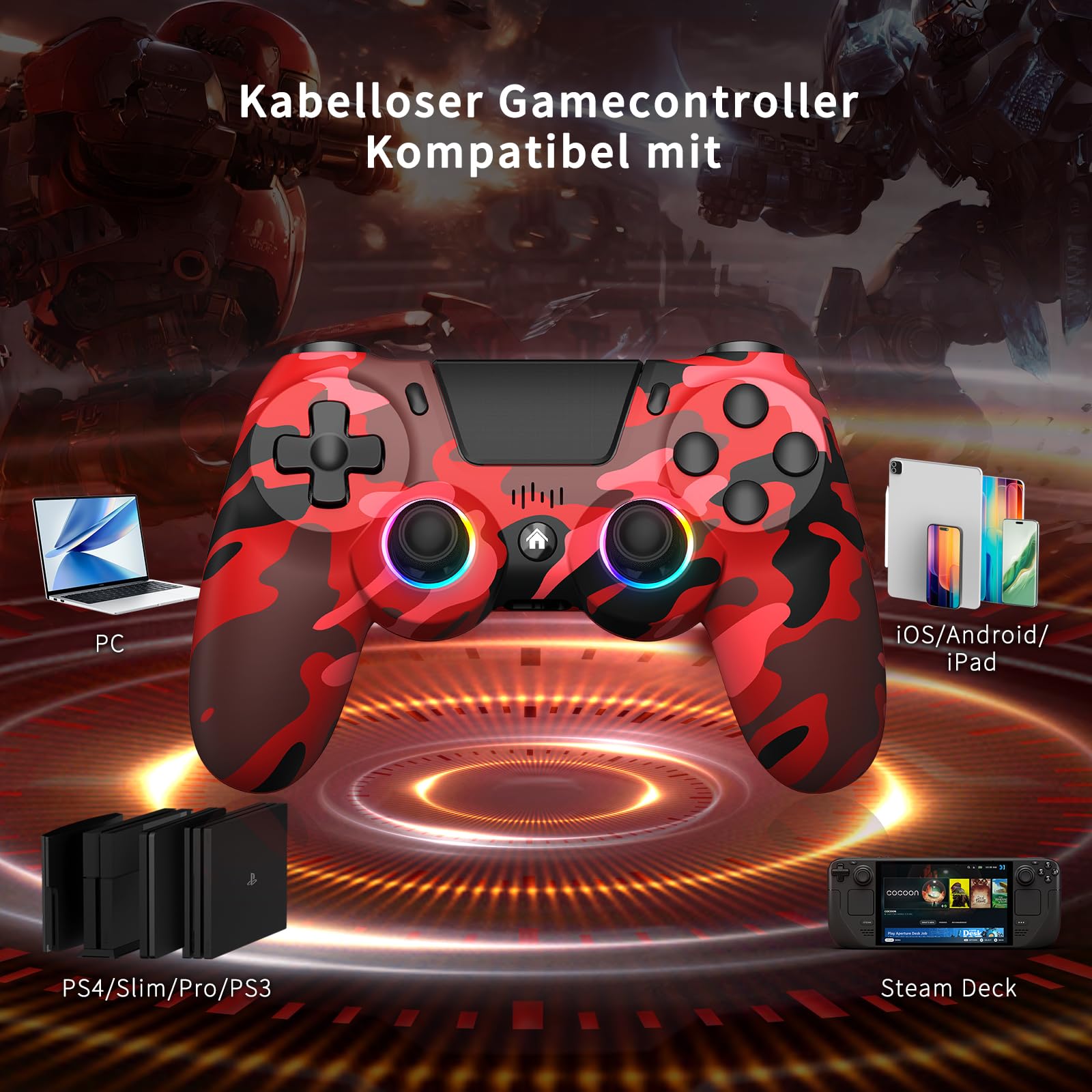 ancihdgm Manette sans fil pour PS4, compatible PS4/Pro/Slim/PC/P3/Android/iOS. Programmable, double vibration, gyroscope 6 axes, éclairage LED, écran tactile et prise de casque - 3