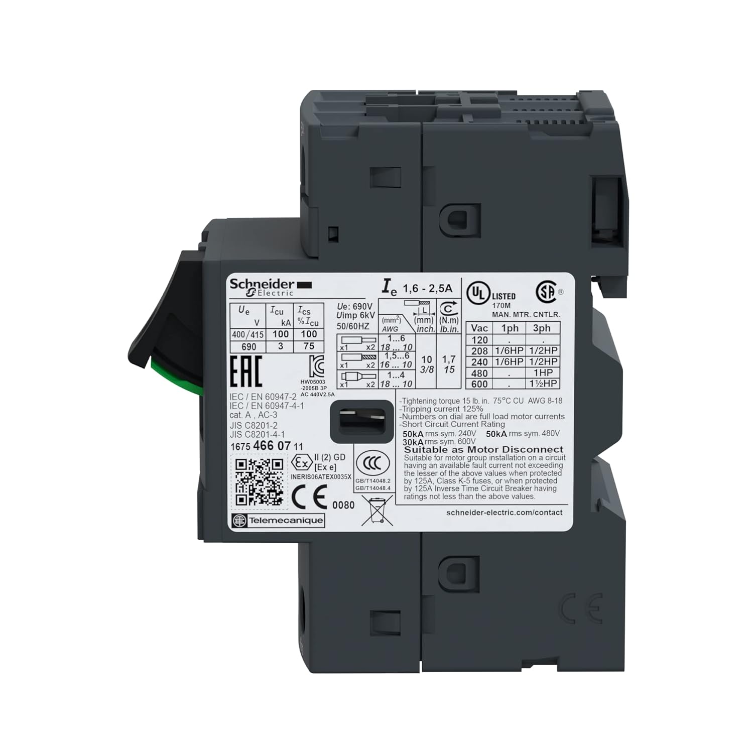 Schneider Electric Gv2me07 3P Motor Circuit Breaker 1.6-2.5A Gv2me07