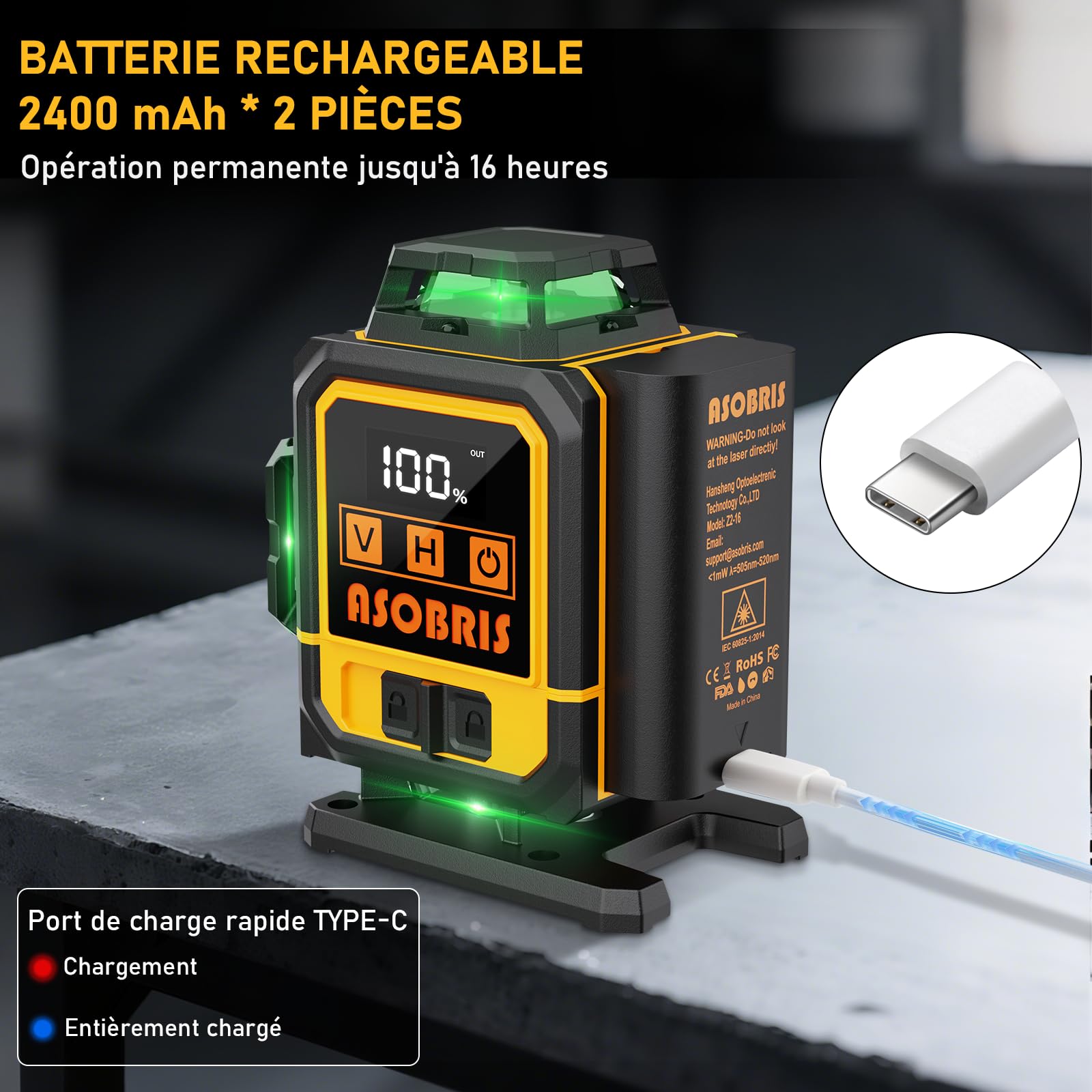 Niveau Laser avec Trepied 360° x 4,ASOBRIS 4D 16 Lignes Laser Chantier Autonivelant,Lazer Niveaux Vert Laser Exterieur,Laser Niveau 2x2400mAh Batterie,Support Rotatif Télécommande Mode Impulsion
