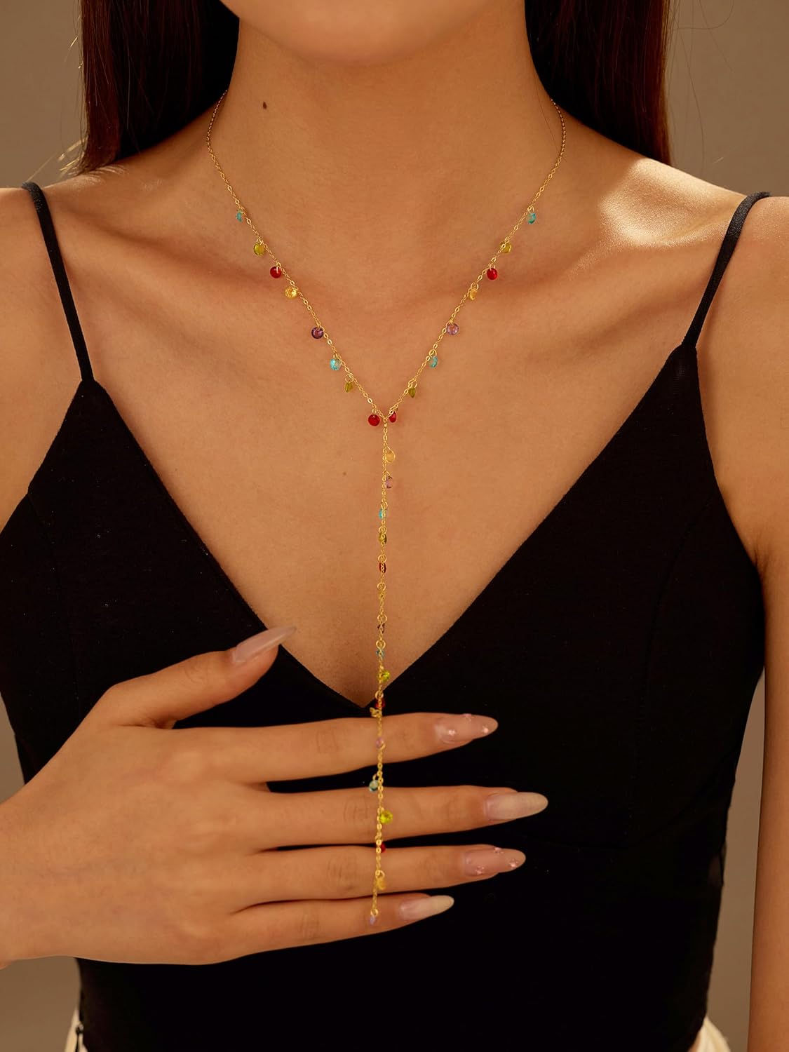 925 Sterling Silver Y Shaped Long Lariat Necklaces for Women Dainty 14K Gold Plated Rainbow Colorful CZ Tassel Drop Pendant Necklace Body Necklaces 15.75"+2.36" Adjustable Chain Summer Jewelry