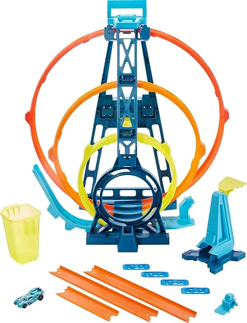 Hot Wheels Track Builder Unlimited Potrójna pętla Zestaw prezentowy ze składaną potrójną pętlą, punktami łączenia i 1 samochodzikiem Hot Wheels w skali 1:64, dla dzieci od 6 do 12 lat, GYP65