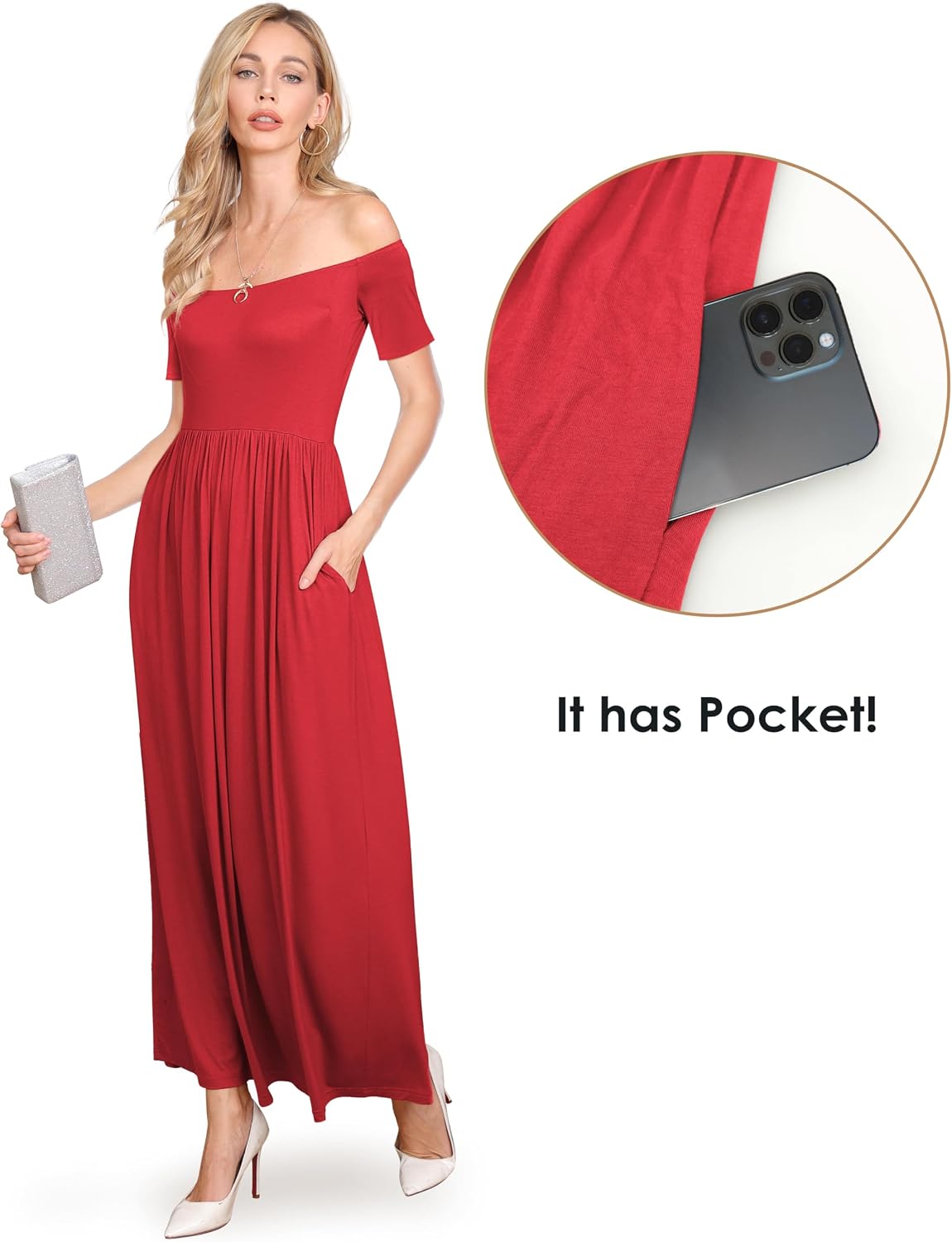 Amoretu Dresses for Women Short Sleeve Off Shoulder Maxi Flowy Casual Loose Plain Dress with Pockets