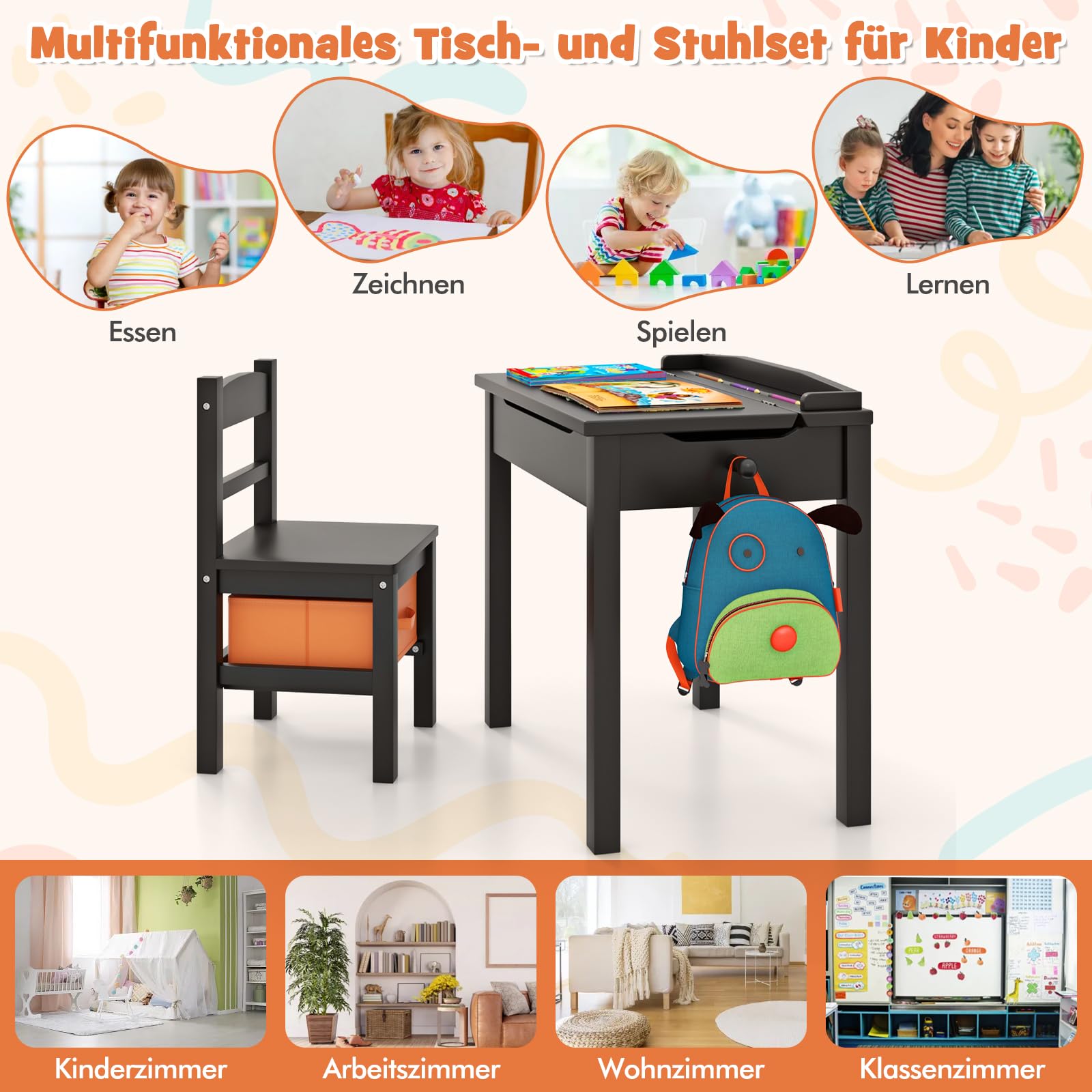 COSTWAY Kindertisch mit Stuhl, Schreibtisch aus Massivholz mit klappbarer Tischplatte, Schublade & Haken, Aktivitätstisch Kindersitzgruppe mit Stauram für Kinder ab 3 Jahren (Mit Box,Braun)