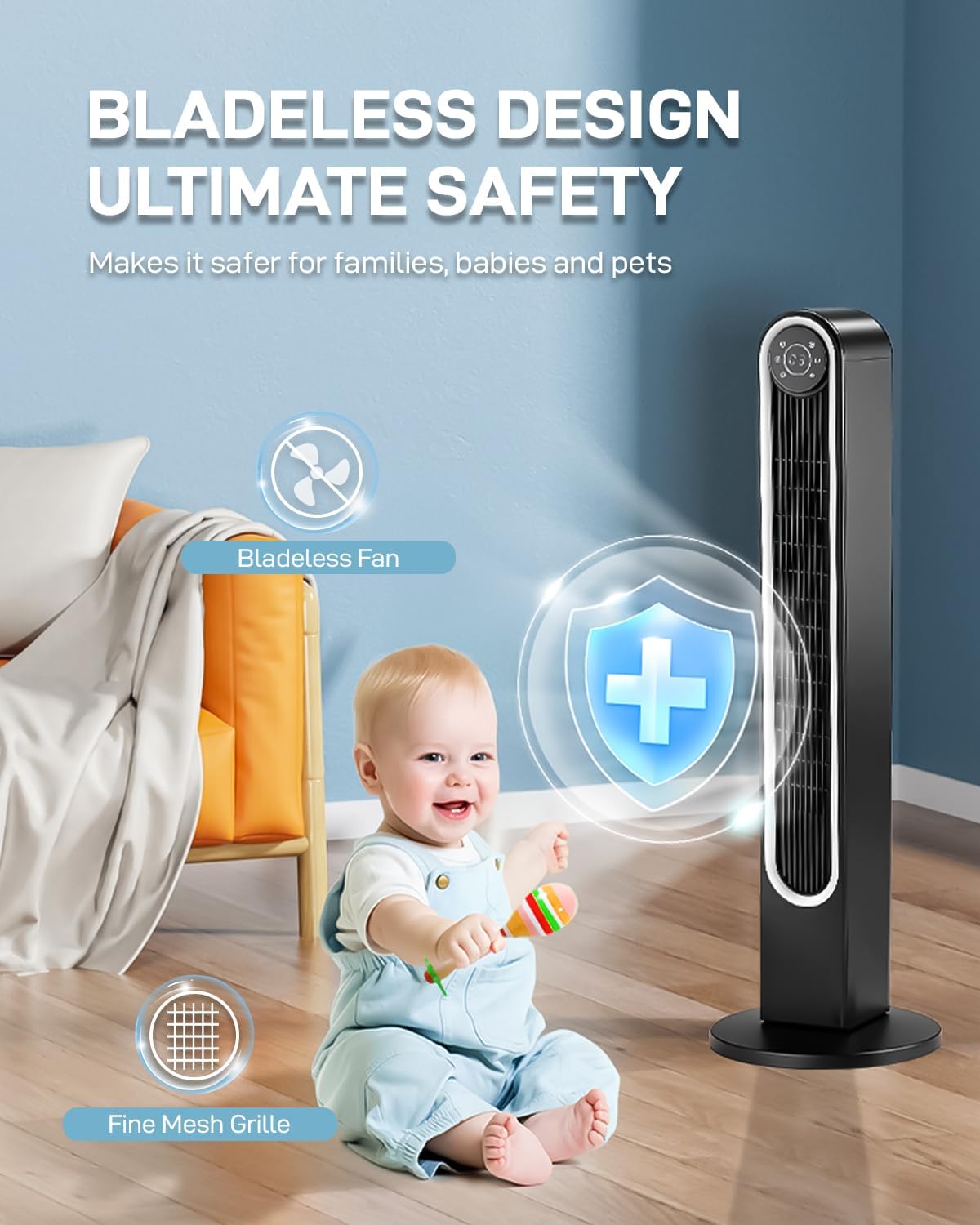 Winado 42" Bladeless Tower Fan, Portable Floor Fan with Remote Control, LED... photo 6