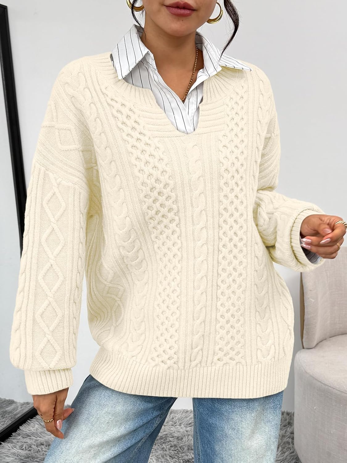 Trendy Queen V Neck Oversized Cable Knit Sweaters for Women Trendy 2026 Fall Fashion Outfits Clothes Winter Clothing - Image 2