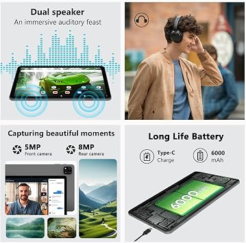Android 16 Tablet, 10 Inch Tablet with Keyboard, Octa-Core, 24GB RAM 64GB ROM 2TB Expand, 2 in 1 Tablets with Gemini AI, 6000mAh, WiFi, Widevine L1, GMS, Tablets with Case, Mouse, Stylus (Black)