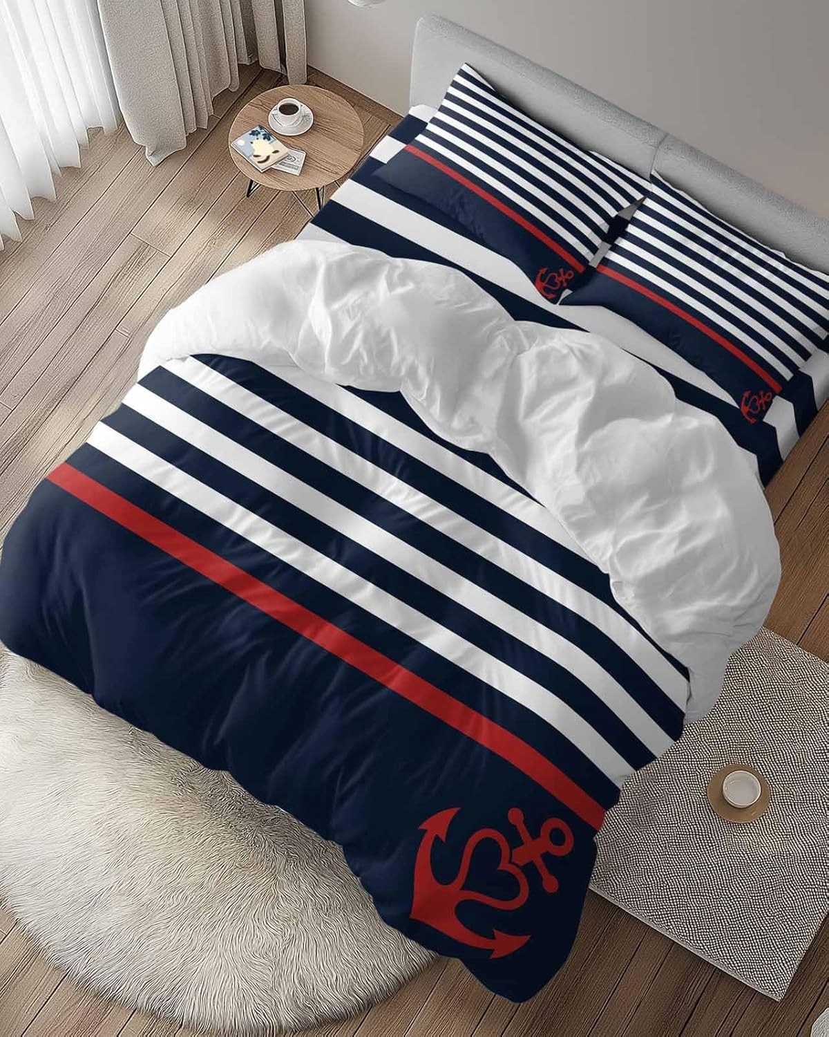 4 Pieces Nautical Duvet Cover Queen Bedding Sets Marine Theme Red Anchor for Bedroom Decor,Ultra Soft Luxury Comforter Cover Set with Bed Sheet and Pillow Shams Dark Navy Blue and White Stripes