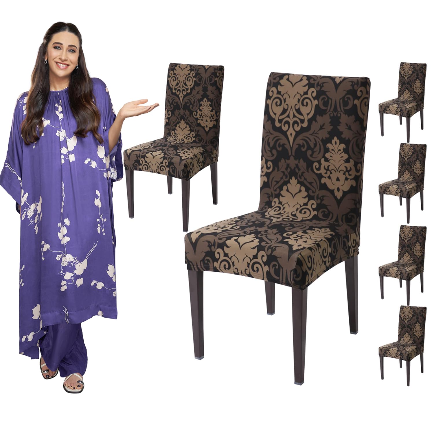 HOKIPO Dining Chair Cover Set of 6 Seater Stretchable Elastic Slipcovers (Ar-4037-D2*6), Brown-image-42