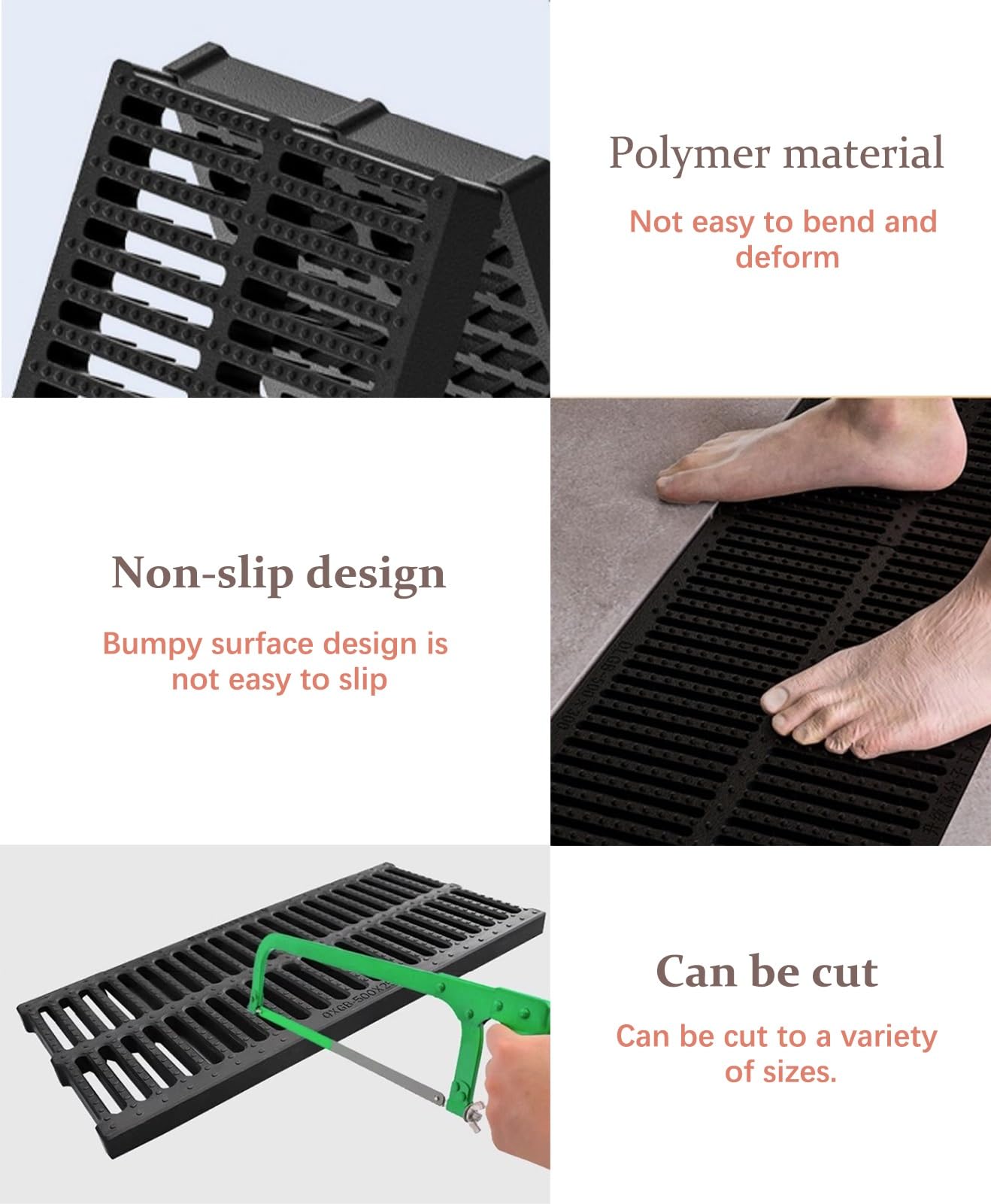 Caniveau Exterieur Grille D'évacuation Étroite de 10 cm de Large, Petit Format, Caniveau Français en Plastique, Longueur Totale 50 cm, Bassin de Rétention Antidérapant