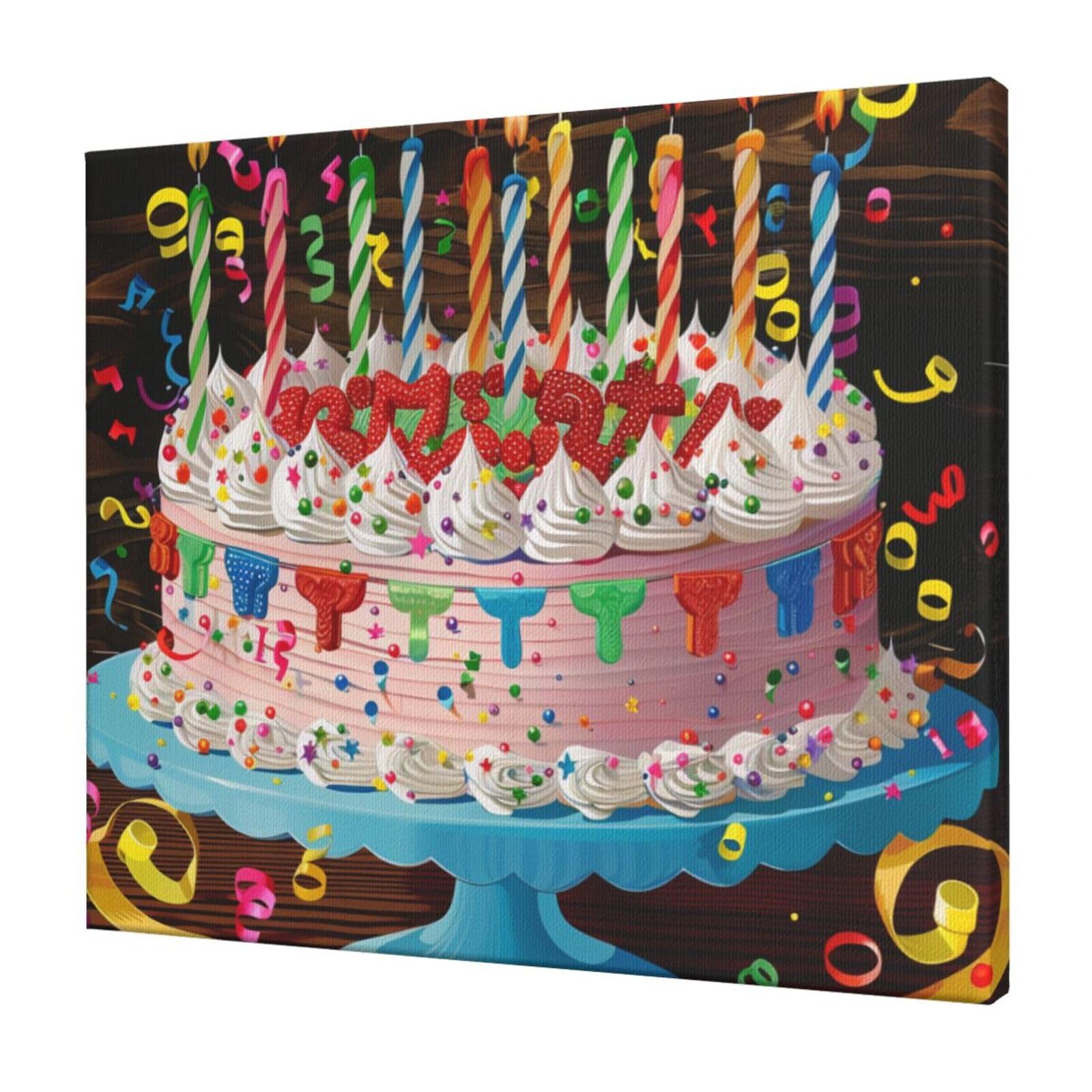 YKLJG Happy Birthday Big Cake Printed Wall Art Canvas Prints 60x50 CM Wooden Framed Picture Painting Artwork for Bedroom Kitchen Home Office Decor