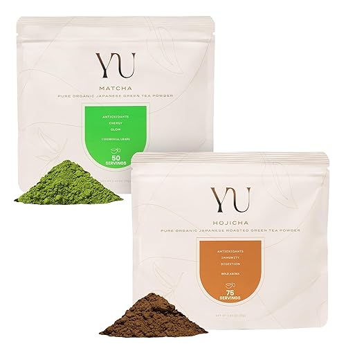 Yu Tea Hojicha (75 porciones) + Matcha grado ceremonial (50 porciones) en polvo de té verde tostado japonés puro, bolsa resellable, 2.65 onzas