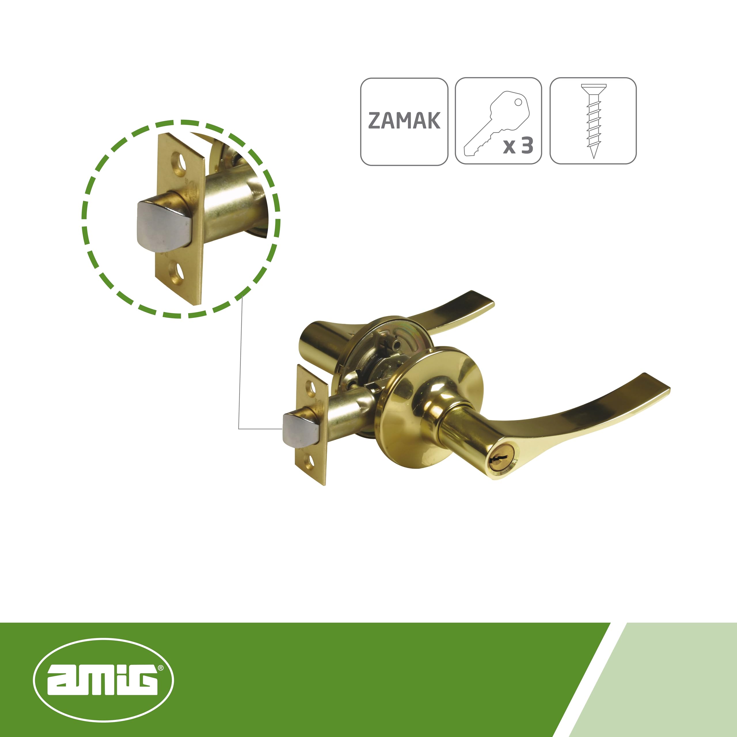 Amig - Zestaw klamek wejściowych z lewej strony z klamką | Rozeta do drzwi | Idealna klamka do drzwi drewnianych | Zamak | Złoty | Klamka wejściowa 60/70 mm