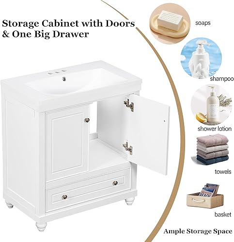 Miniatura 7 de Merax, Juego de tocador de baño blanco de 30 pulgadas, encimera de cerámica, patas de madera maciza, puertas de cierre suave, estilo vintage