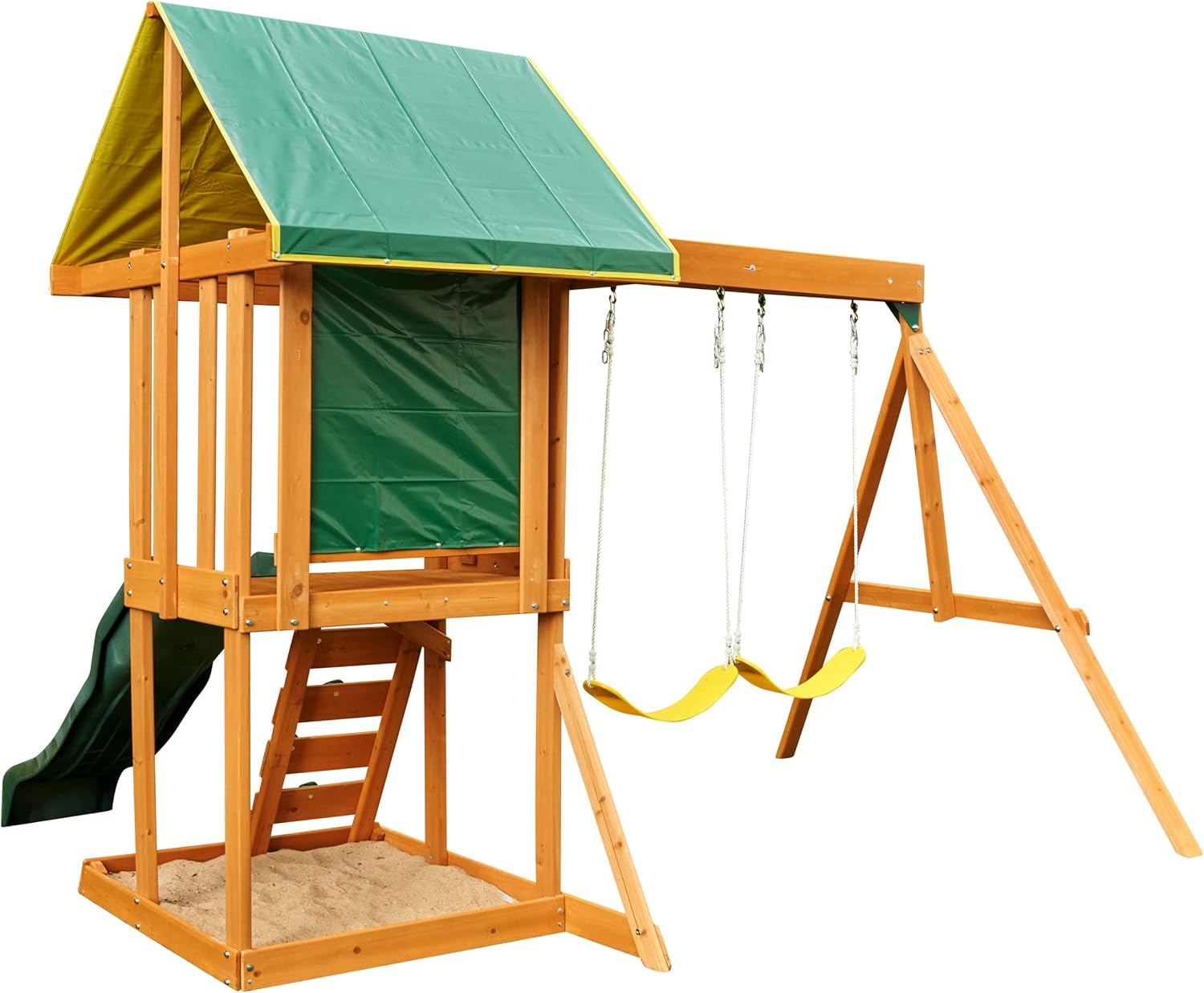 Back view of the KidKraft Appleton Wooden Swing Set, highlighting the sandbox area