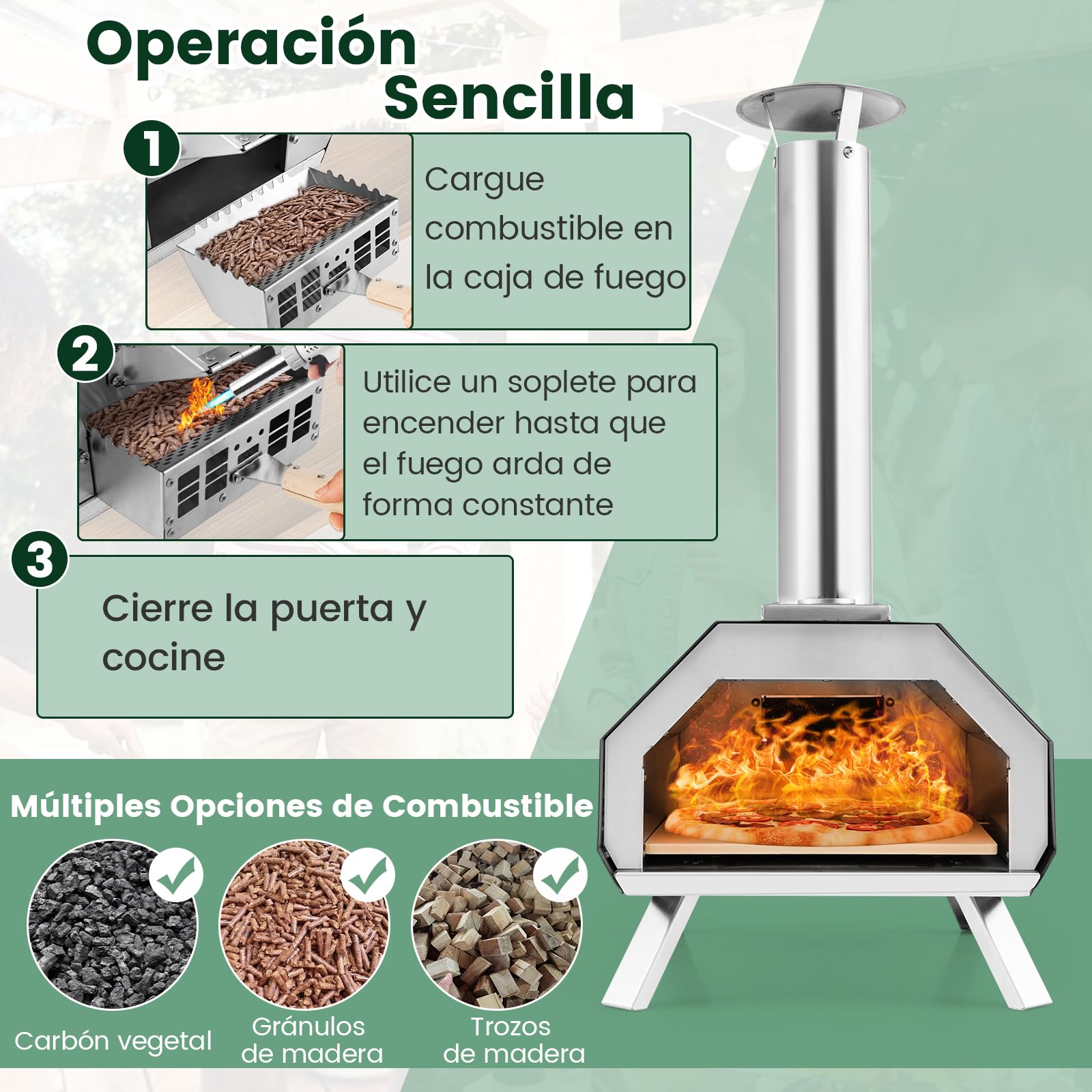 COSTWAY Horno Pizza Exterior 12", Pizza Oven Portátil de Acero Inoxidable, Horno de Leña con Piedra para Pizza, Patas Plegables, Termómetro y Pala de Pizza para Cocinar al Aire Libre