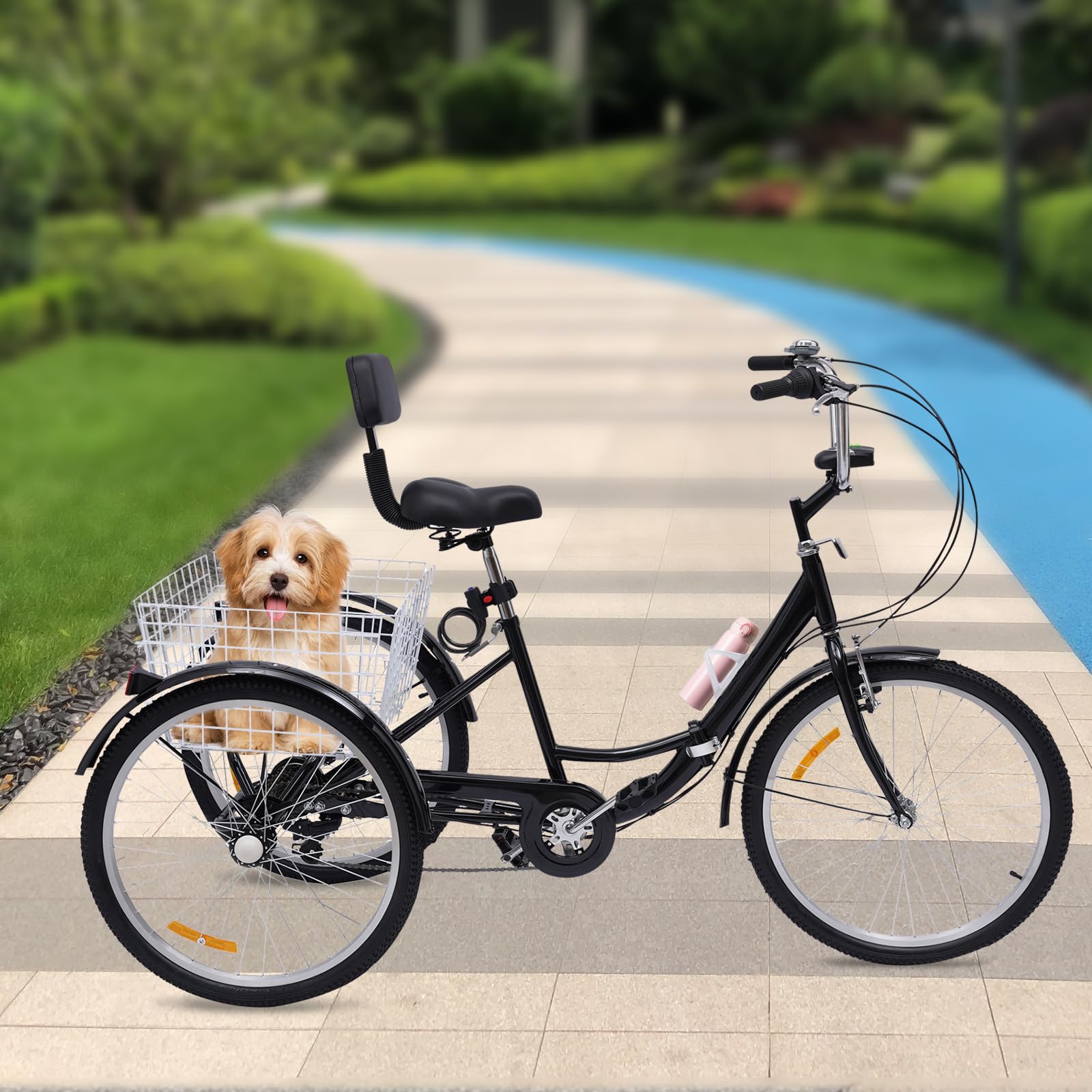 Tricycle pour adulte 24 ", pliable, 3 roues, 7 vitesses, tricycle pour adulte, tricycle pliant avec panier, lampe, dossier arrière et porte-gobelet (noir)