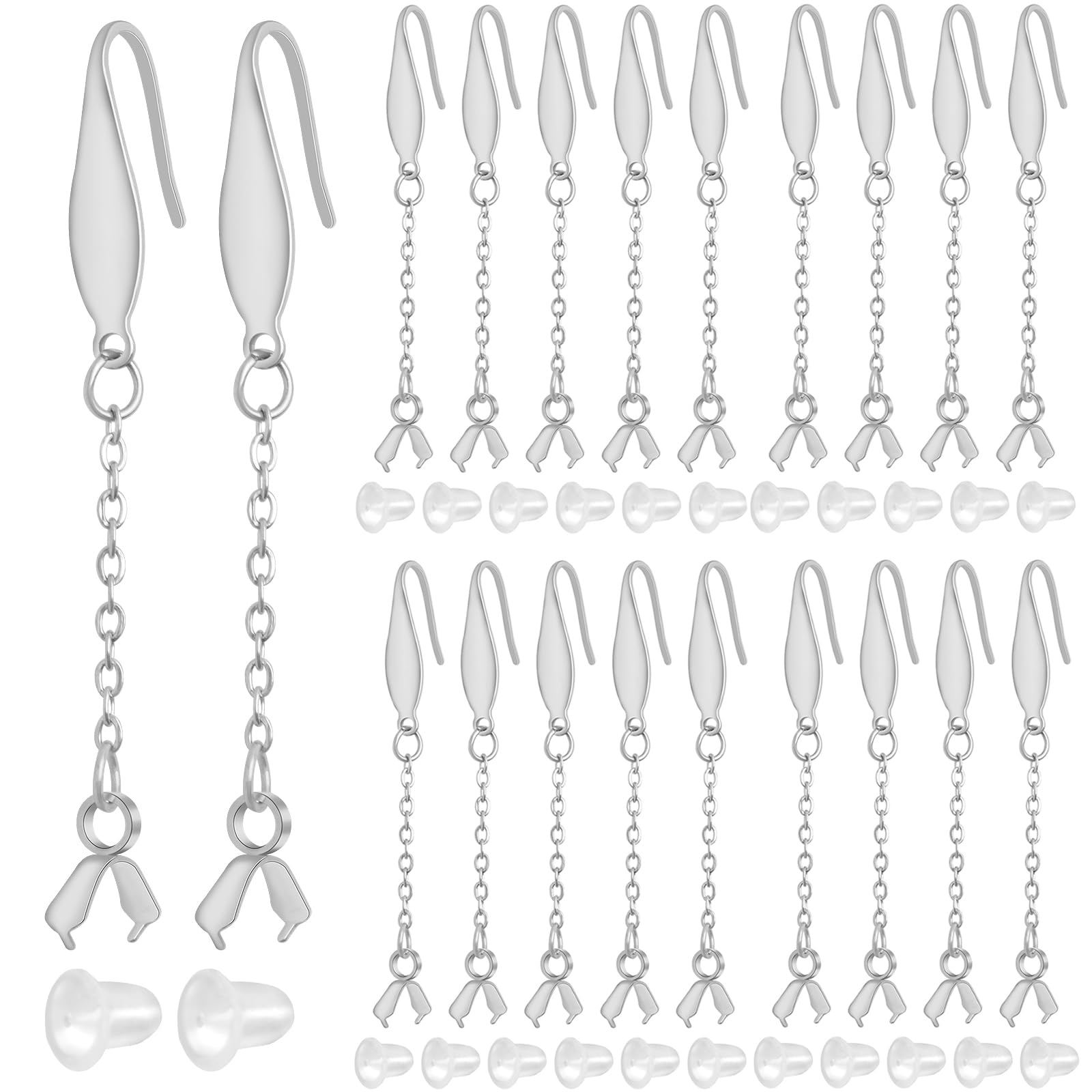 20pcs Stainless Steel French Earring Hooks Hypoallergenic Ear Wire Hooks with Chains Pinch Clasps and 20pcs Silicone Earring Backs for DIY Jewelry Making Supplies