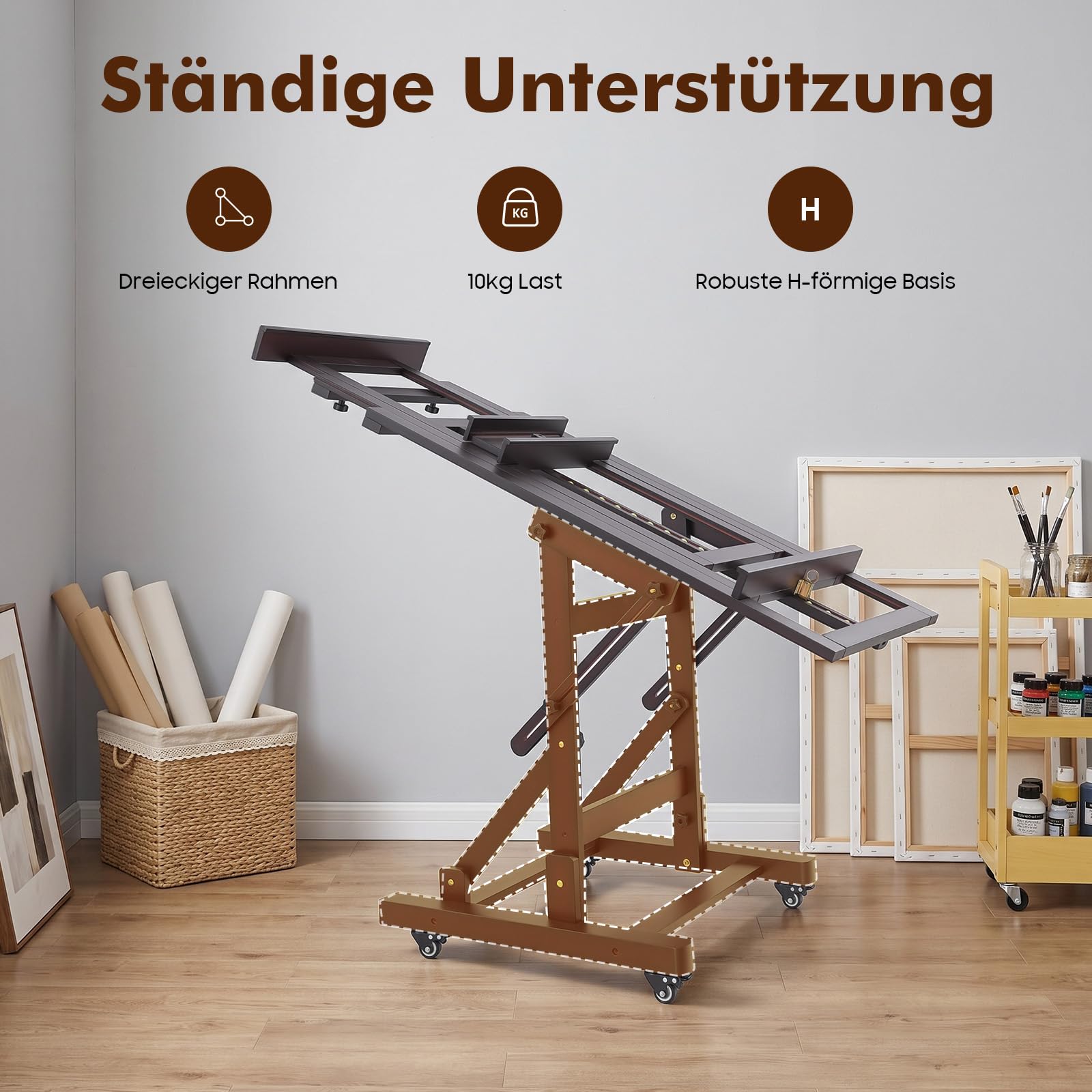 Professionelle Holz Staffelei Groß (140-300 cm Höhenverstellung) mit 4 Lenkrollen, Stabile H-Ständer Design für bis 10kg - Universal Staffelei Holz für Künstler, Kinder, Atelier (Schwarznussfarbe)