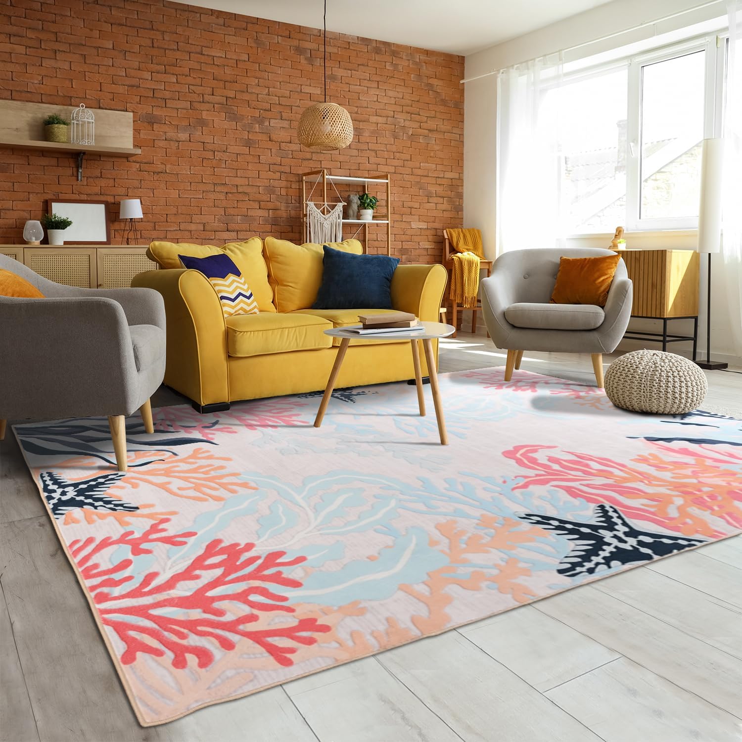 Ocean Coral Reef Themed Rug, Modern Soft Faux Wool Non-Slip & Easy to Clean Carpet, Decorative Rug for Living Room, Bedroom, Hallway, Porch, Patio, Home Decoration (Beige,6X9)