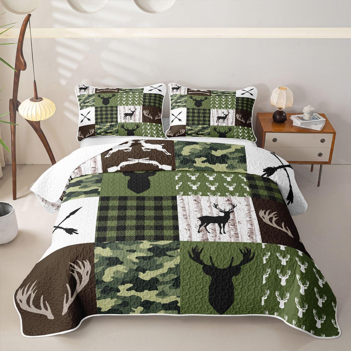 Erosebridal Hunting Breathable Quilt Twin Size Green Camo Soft Cozy Quilt Set Wild Animal Hunter Deer Farmhouse Quilted Bedspread Rustic Western Camouflage Coverlet for Kids Boys Teens