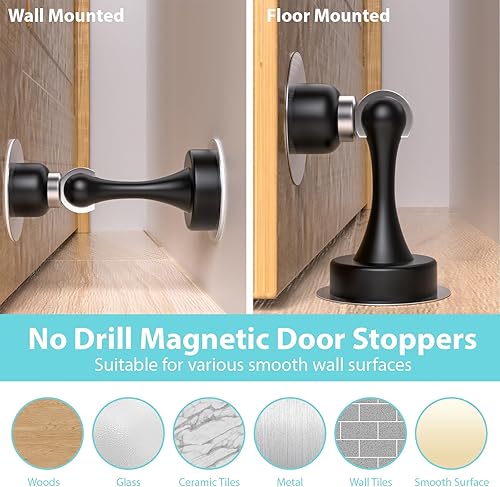 Miniatura 5 de Topes magnéticos para puerta, paquete de 2, tope de puerta, soporte de puerta, acero inoxidable, tope de puerta sin perforaciones con cintas