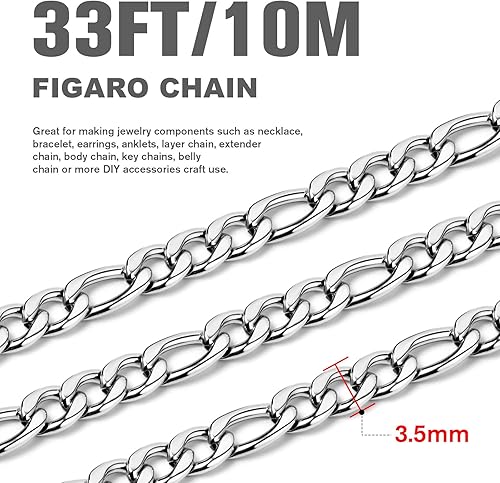 Miniatura 2 de 33 pies Cadena Figaro de acero inoxidable, 0.138 in de ancho 304 cadenas de eslabones de acero inoxidable rollo a granel para fabricación de joyas