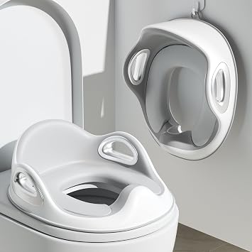 Potty Training Toilet Seat, Toddler Toilet Seat Attachment with Safety Handles, Detachable Soft Cushion, Anti-Slip Design and Splash Guard, Baby Potty Seats for Kids, Boys and Girls Grey