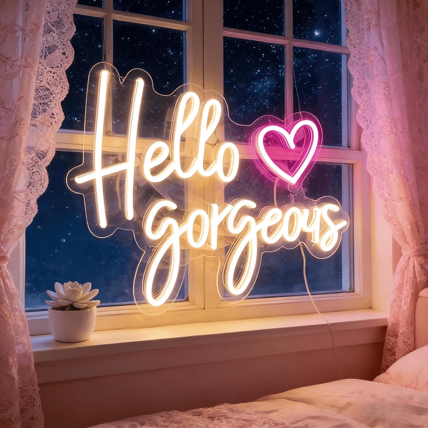 Hello Gorgeous Neon Light for Wall Decor, Pink USB Powered LED Sign with Dimmable Switch, Neon Sign for Home, Wedding, Birthday Backdrop, Party (Warm White)