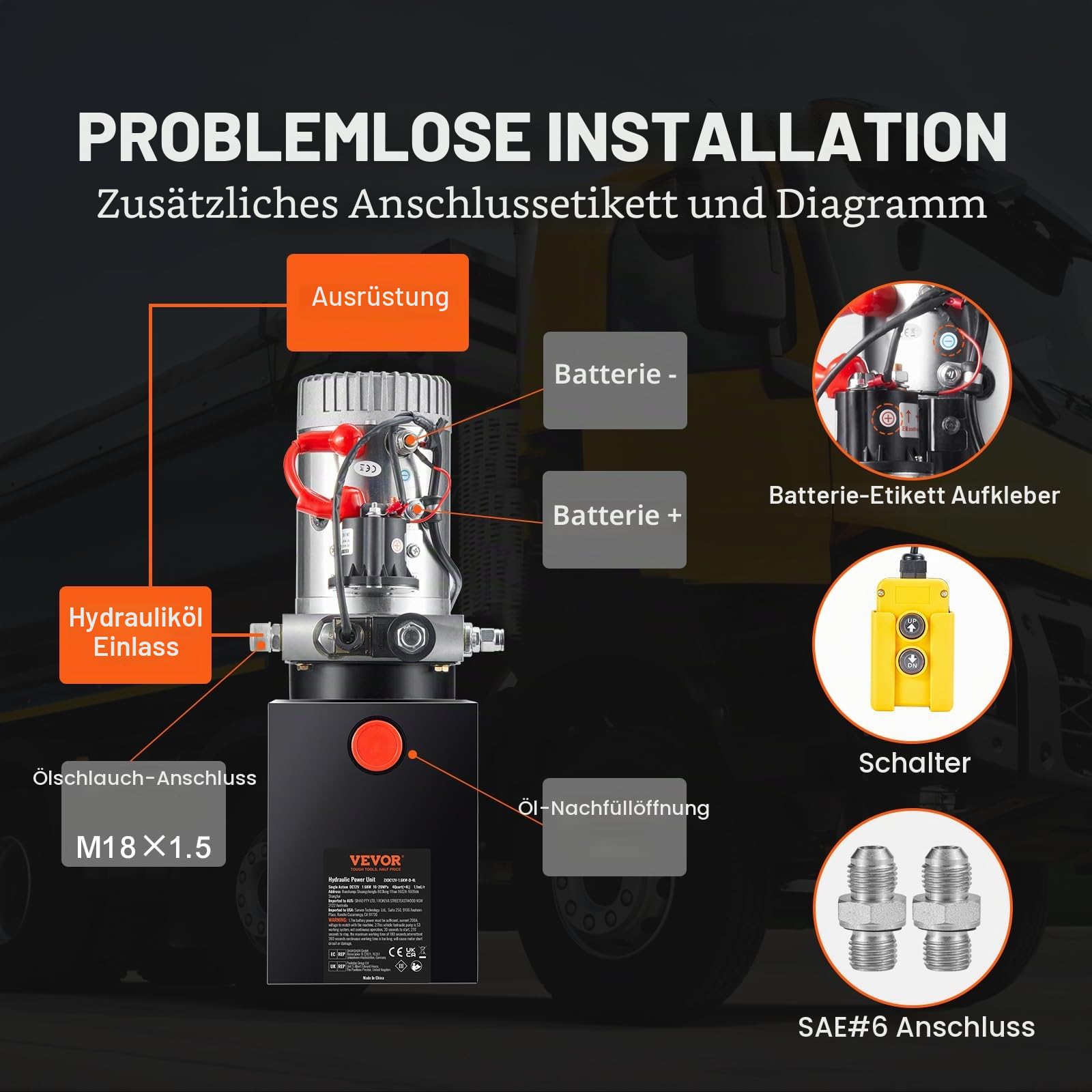 VEVOR Hydraulikpumpe 12V 3,8L 1600W Einfachwirkende Hydraulic Power Pack 1 Gal Tank