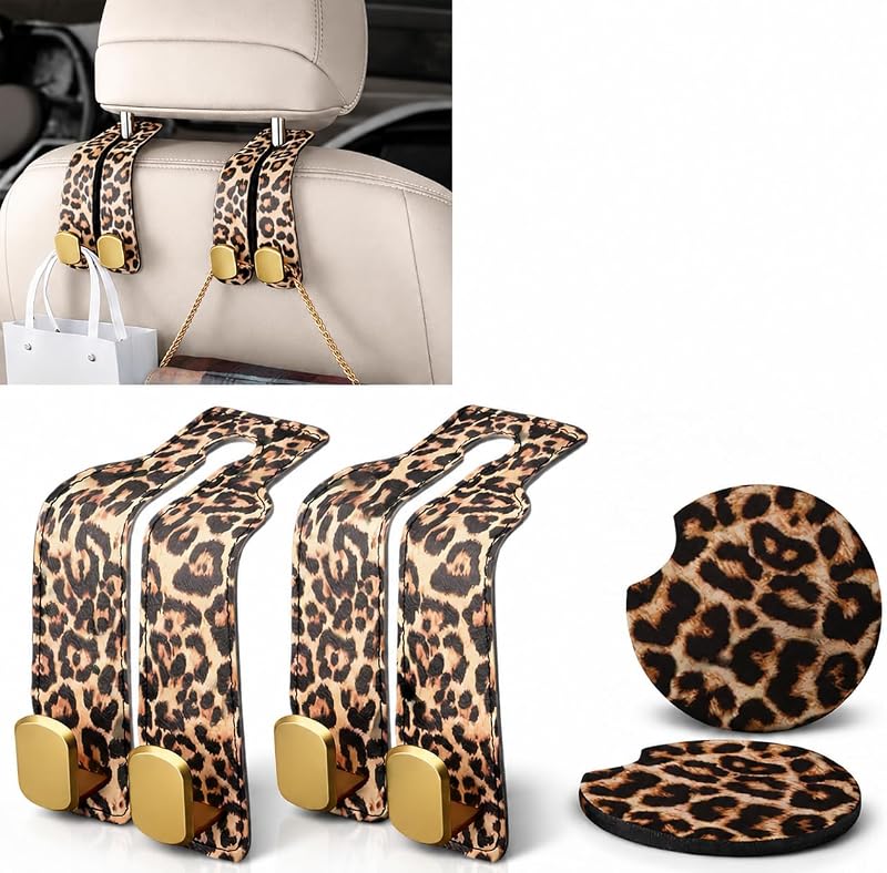 Kit de Acessórios Internos para Carro SwiftServ com 2 Ganchos para Encosto de Cabeça e 2 Porta-Copos Leopard, 4 peças