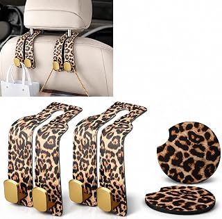 4 PCS Car Accessories Set, 2 Car Seat Headrest Hooks and 2 Cup Holder Coasters, Cute Interior Decor for Women (Leopard)