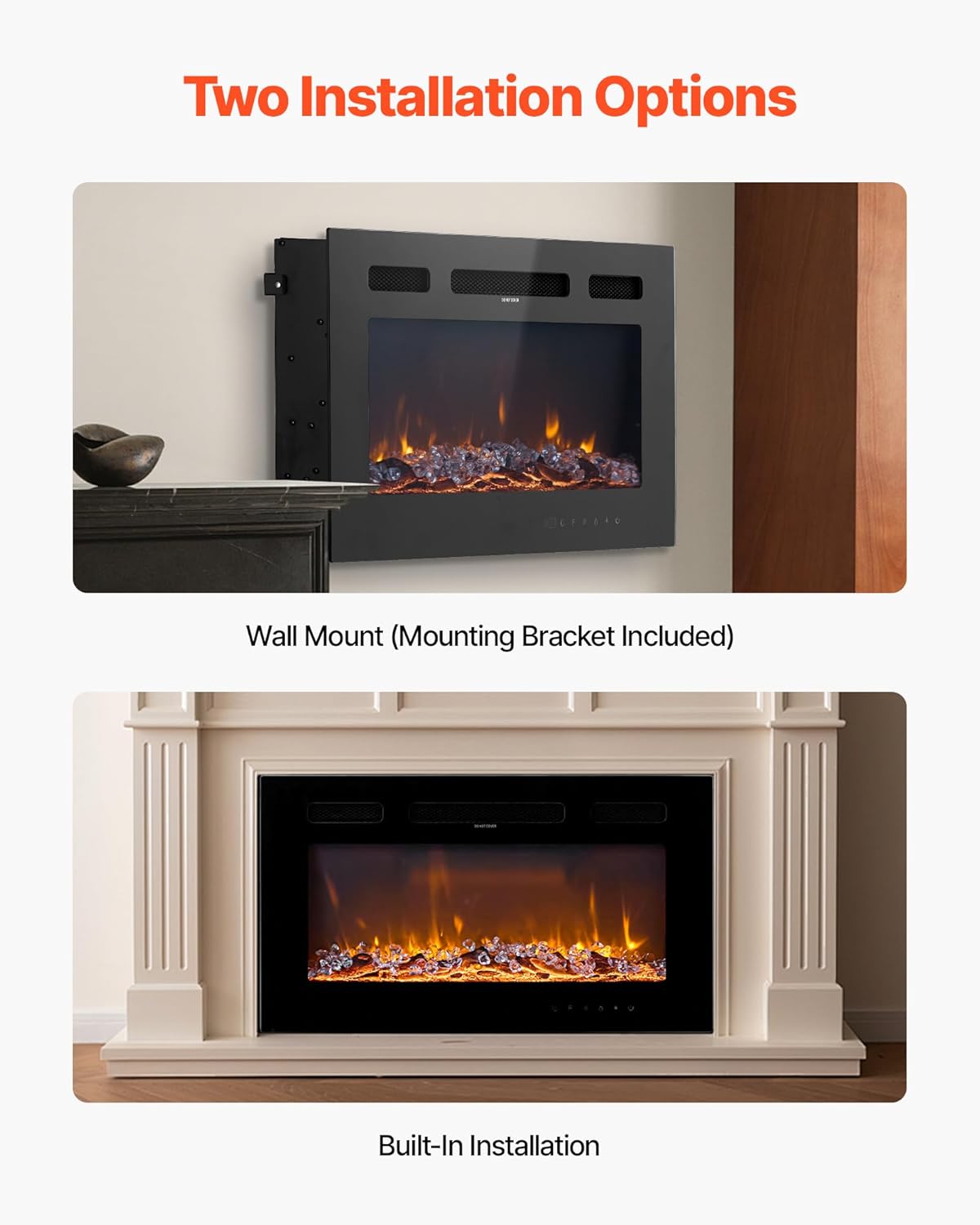 Image showing the touch screen controls on the fireplace and the remote control with labeled buttons for power, temperature, heater, flame color, flame brightness, and timer.