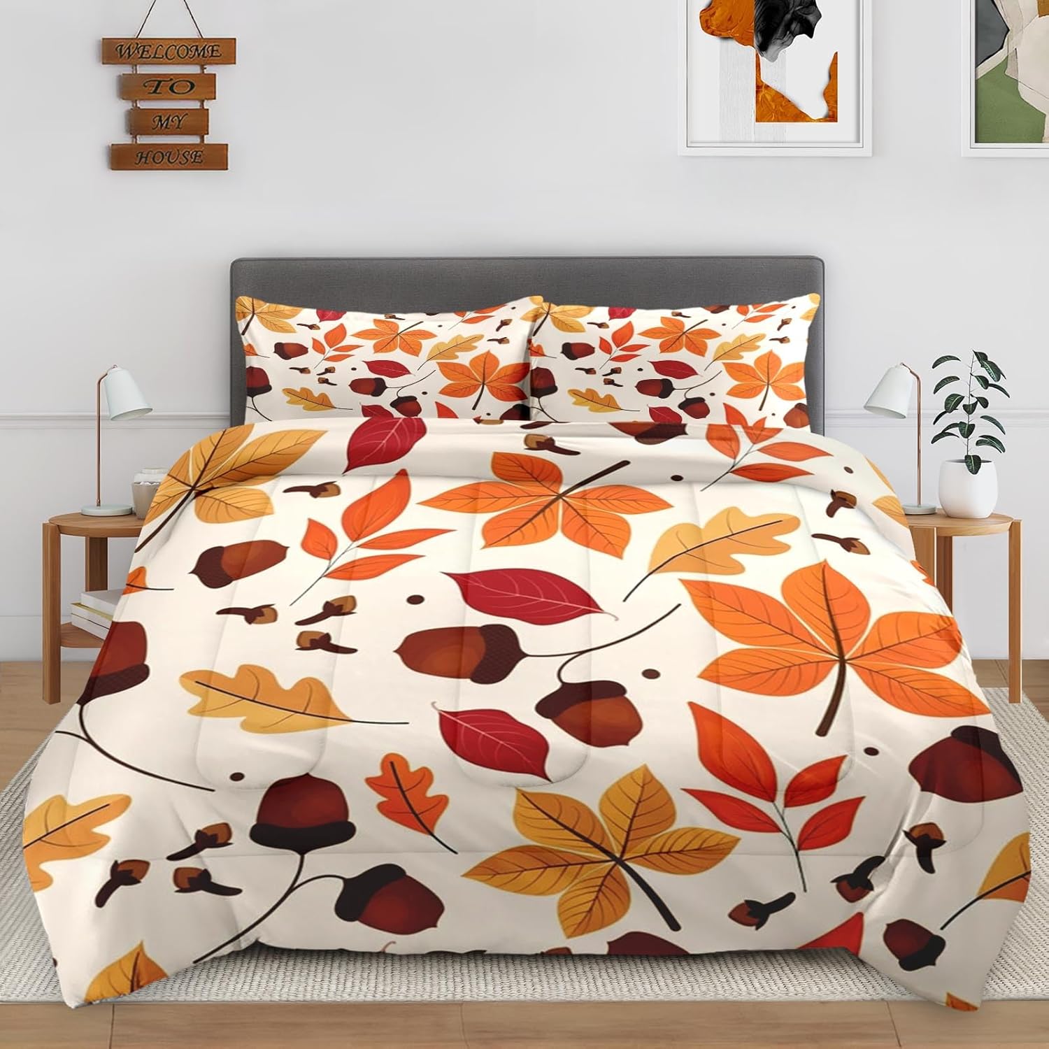 Cuzutime Queen Size Comforter Set with 2 Pillowcases, Fall