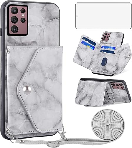 Funda para teléfono Samsung Galaxy S22 Ultra 5G con protector de pantalla, correa cruzada, soporte para tarjeta de crédito de mármol, accesorios