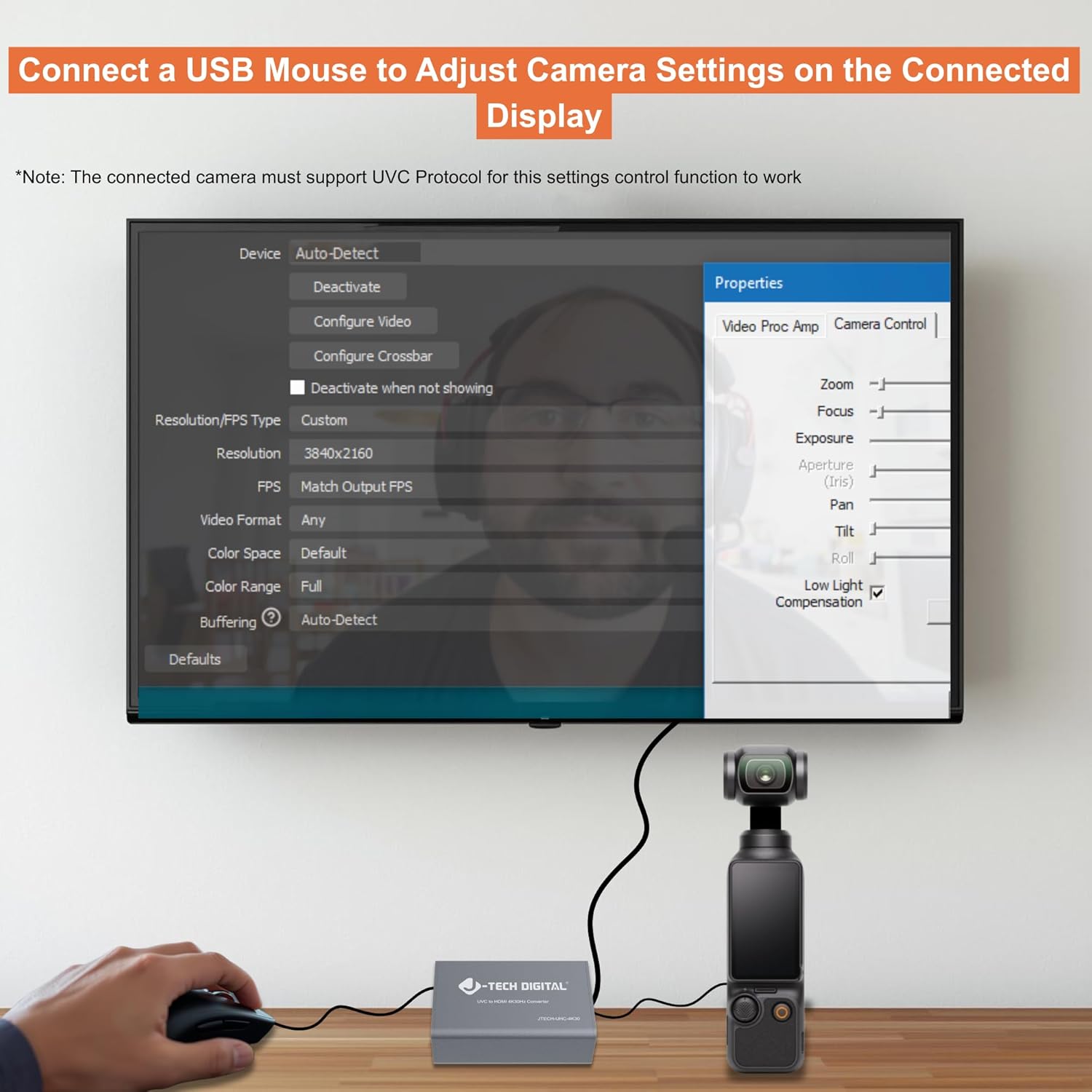 J-Tech Digital UVC to HDMI Converter Adapter 4K 30Hz, USB Camera to HDMI Output with On-Screen Controls, Live Streaming Support, Camera Charging, Works with UVC Webcams Capture Cards [JTECH-UHC-4K30]